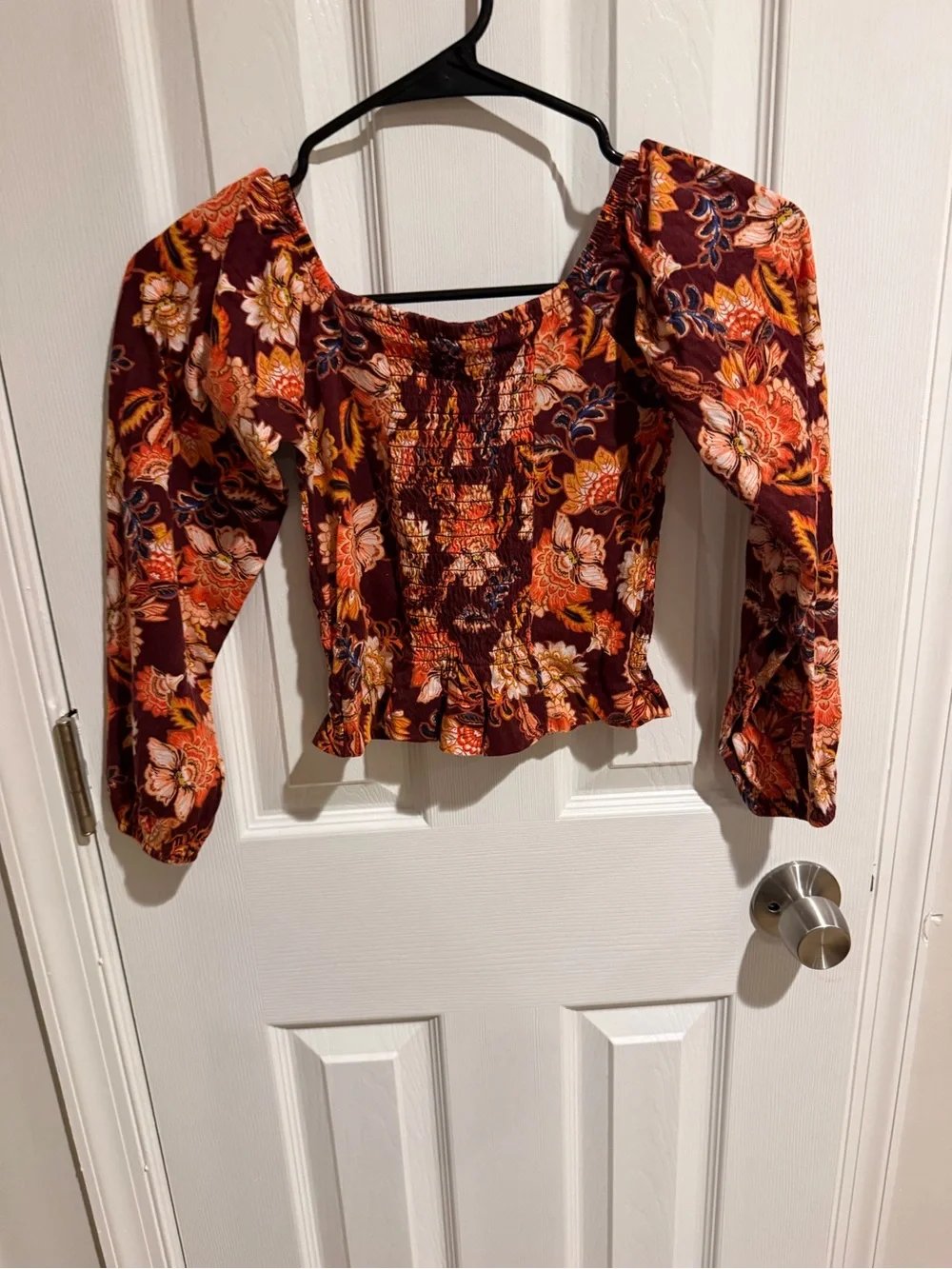 Old Navy Burgundy Floral Smocked Puff-Sleeve Crop Top